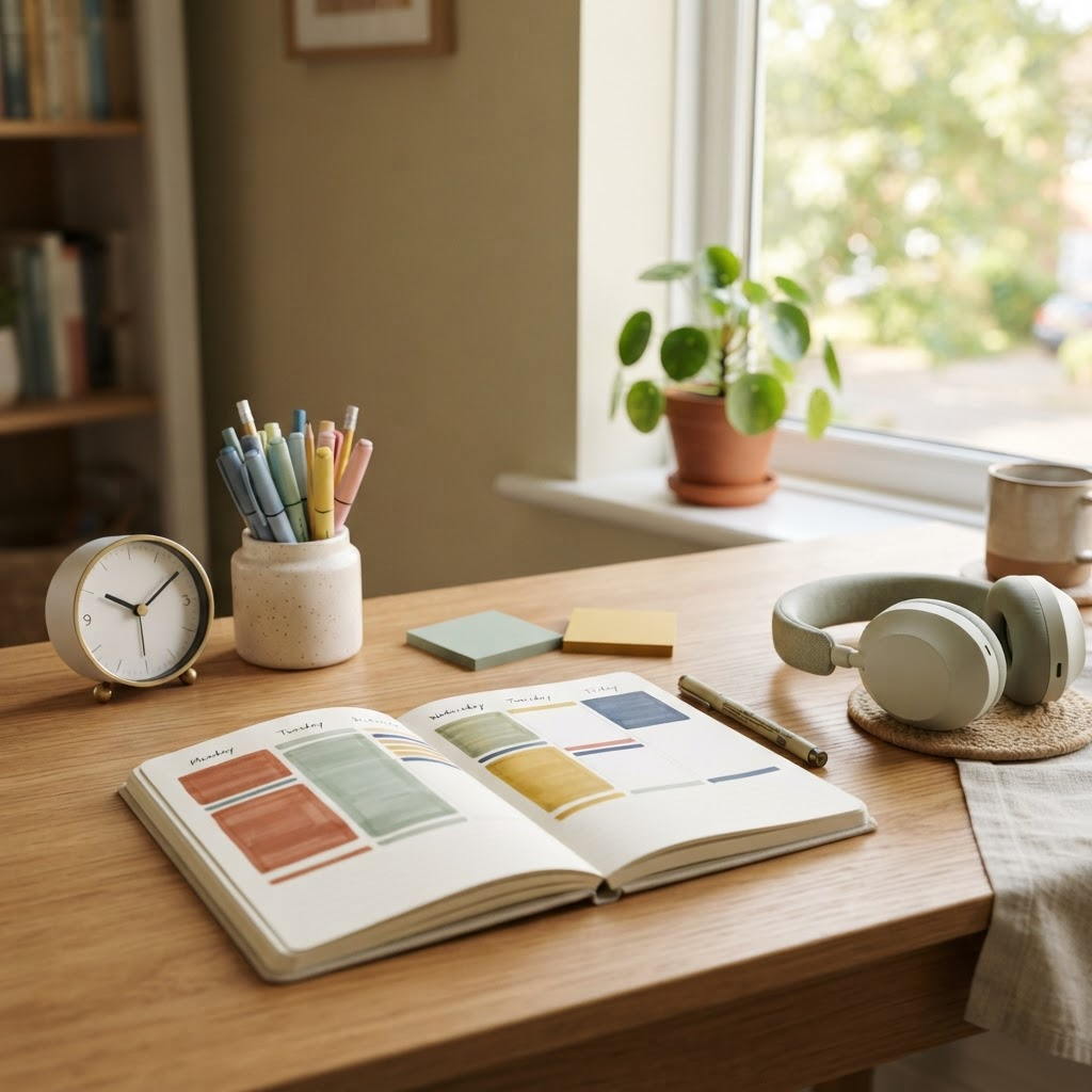 A tidy desk with a colour-coded weekly planner, a clock, sorted pens, sticky notes and headphones, representing attention, focus and daily routine