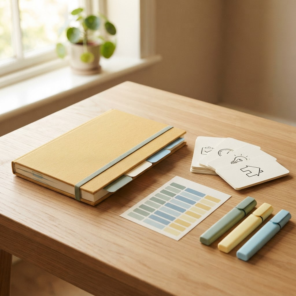 A mustard-covered report booklet with page tabs beside icon-based strategy cards, a colour-coded routine planner and highlighters, representing practical recommendations for home, school and work