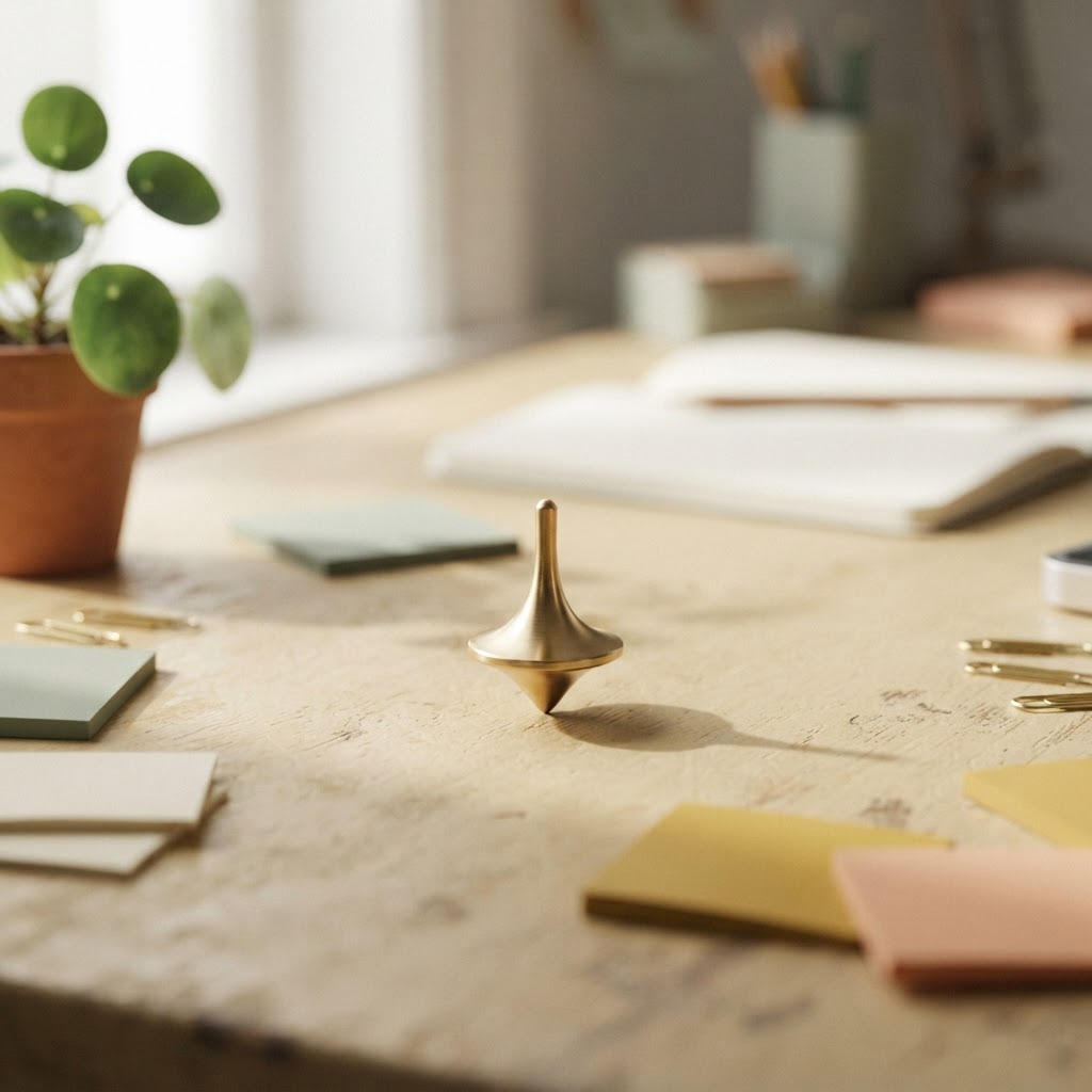 A single brass spinning top balanced upright on a warm desk among softly scattered coloured sticky notes, symbolising finding focus and balance