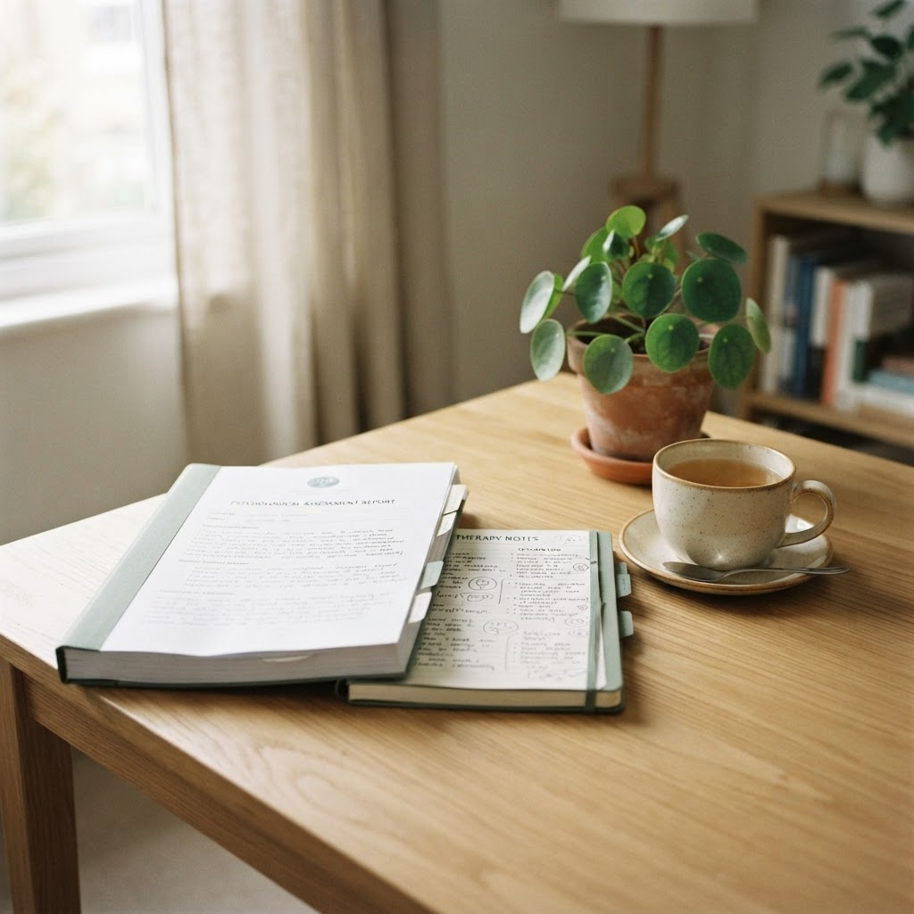 A neatly bound written assessment report and notebook resting on a light wooden desk beside a cup of tea and a small plant