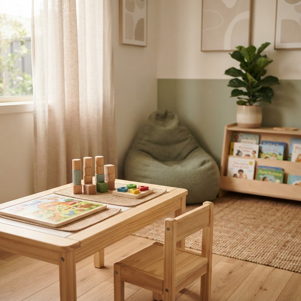 A child-friendly assessment room with wooden puzzles and stacking blocks on a small timber table, a beanbag and picture books in warm natural light