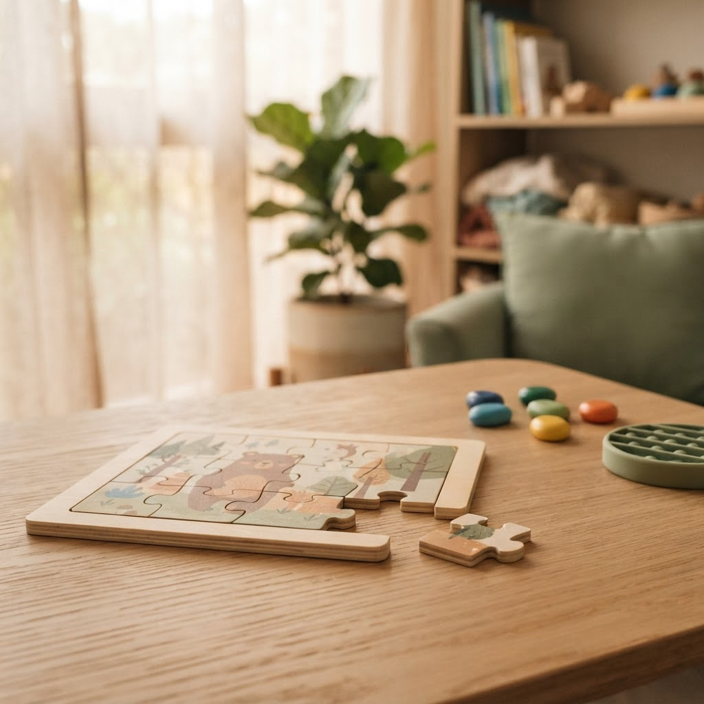 A wooden children's puzzle nearly completed on a timber table with one piece resting beside it, sensory stones and a fidget toy nearby in warm natural light