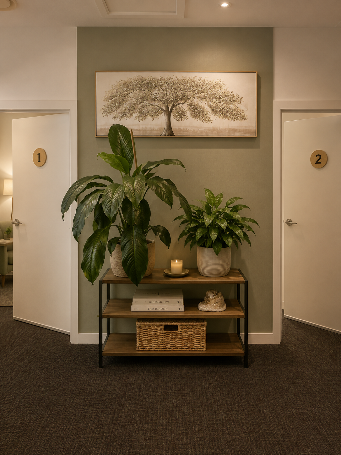 The Picton Psychology hallway with a framed tree artwork, leafy plants and numbered therapy room doors