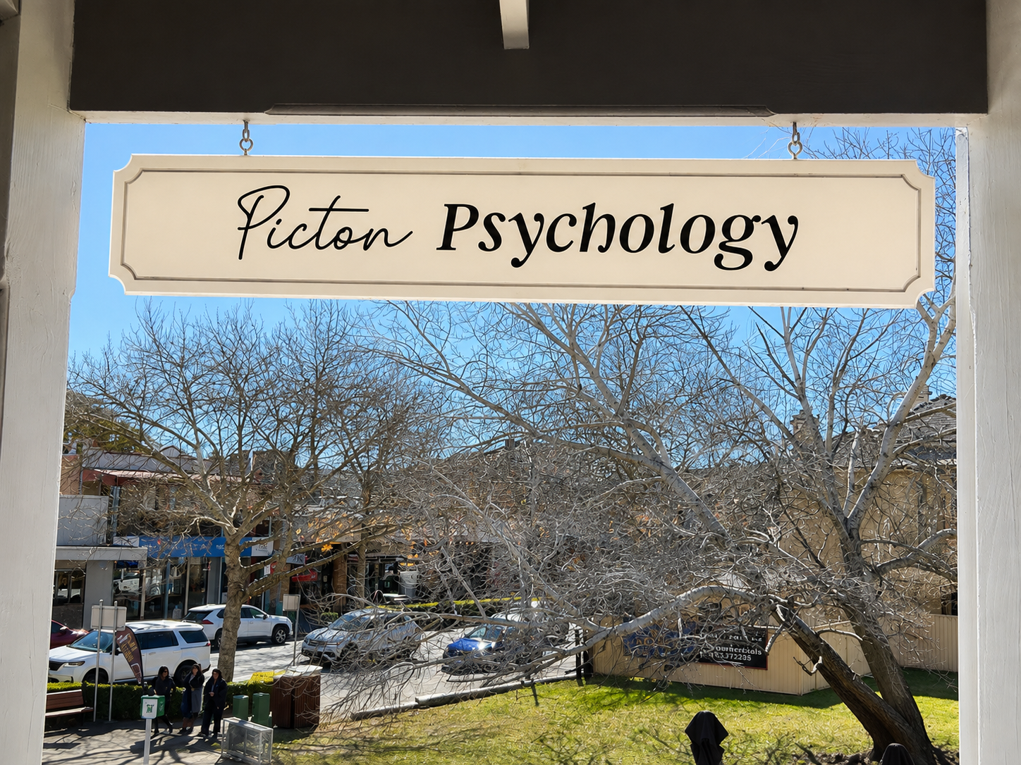 The Picton Psychology hanging sign above Argyle Street in the heart of Picton
