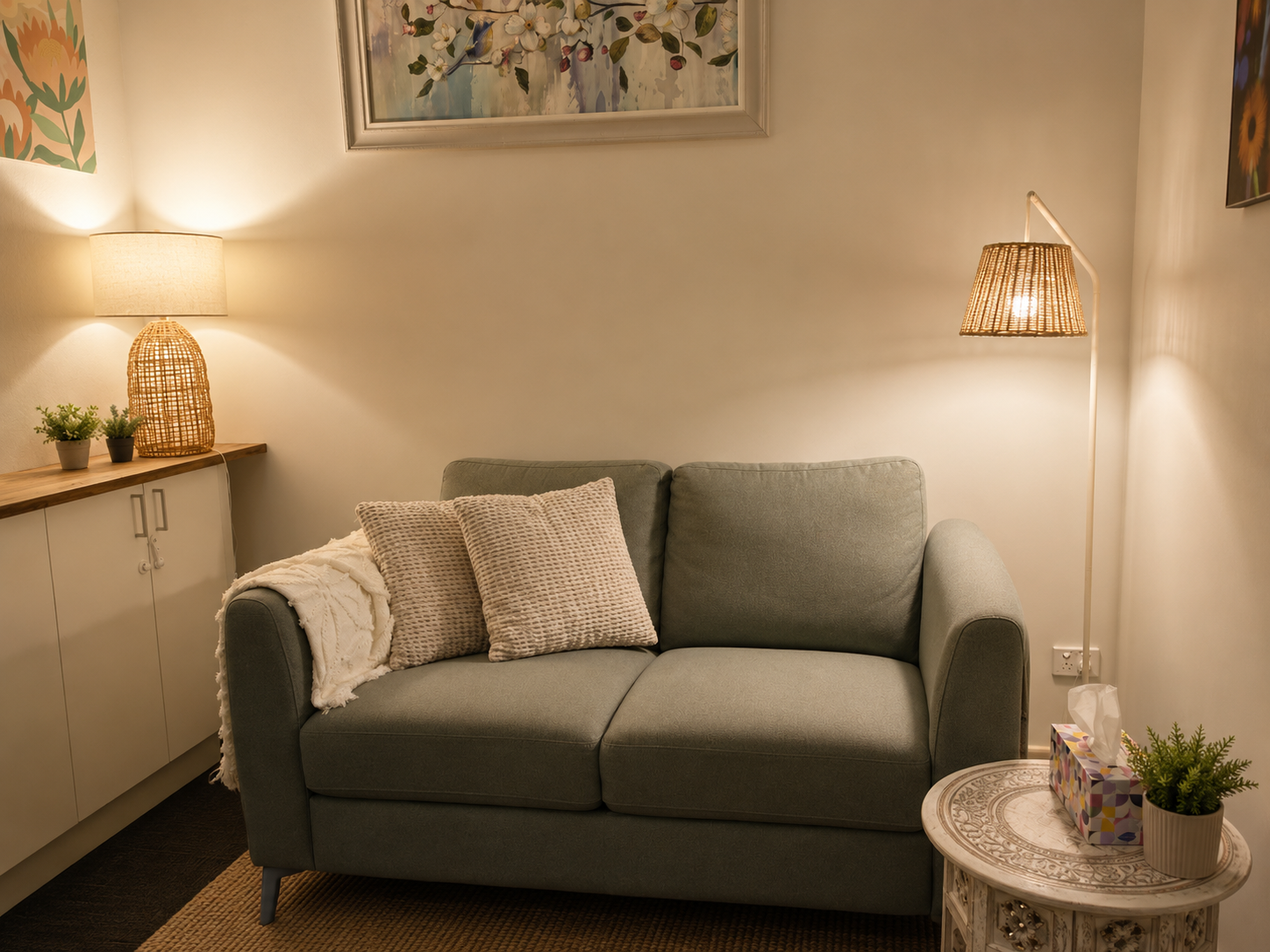 A private therapy room at Picton Psychology with comfortable seating, soft natural light and calming decor