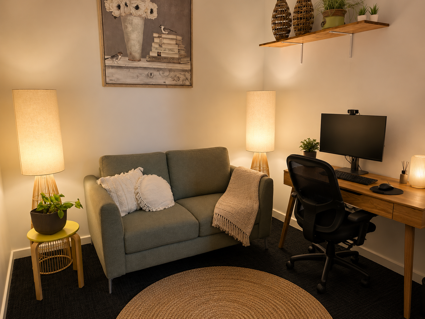 A calm, private therapy room at Picton Psychology with comfortable seating, warm light and soothing natural textures