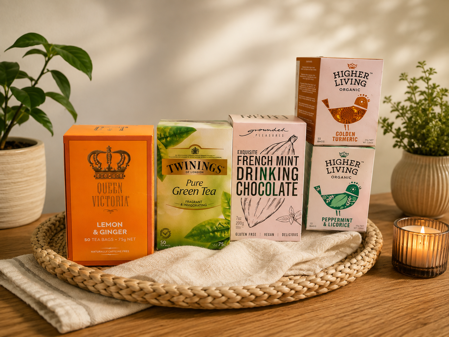 A tray of teas and drinking chocolate styled with plants and a candle