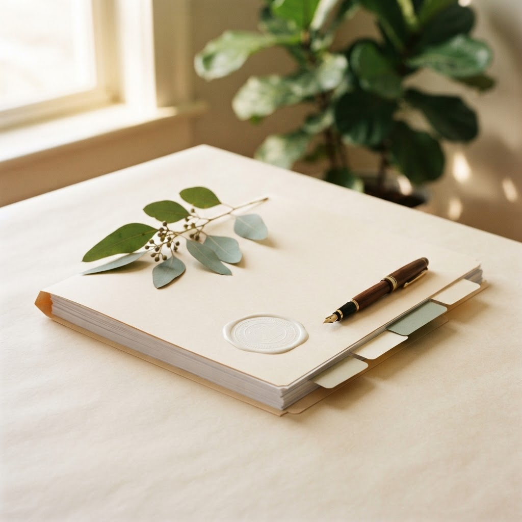 A neat document folder with index tabs, an embossed seal and a fountain pen, with a sprig of eucalyptus resting on top, representing objective evidence gathered with care