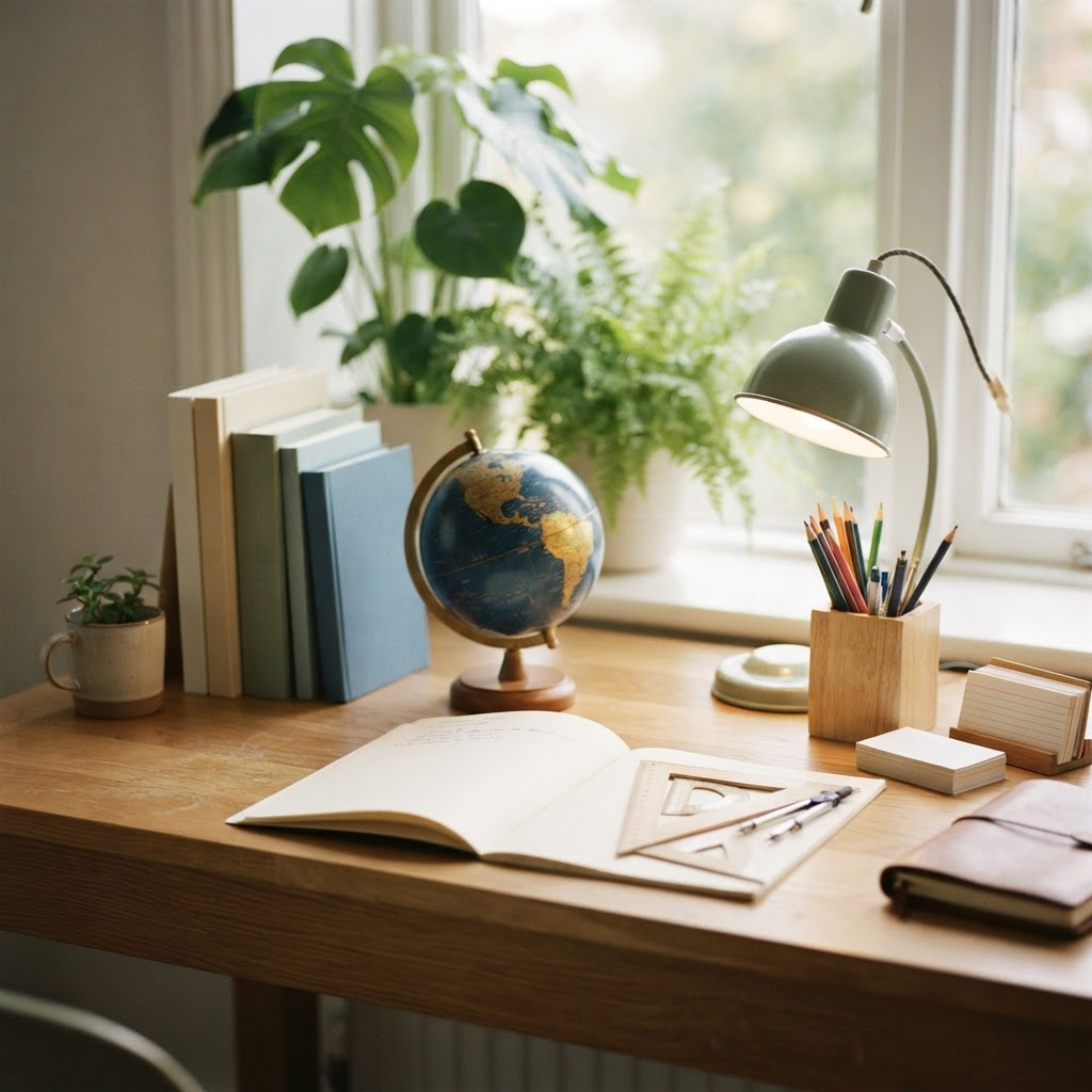 A warm student study desk with textbooks, a globe, an open exercise book, a geometry set and coloured pencils, representing learning and academic achievement