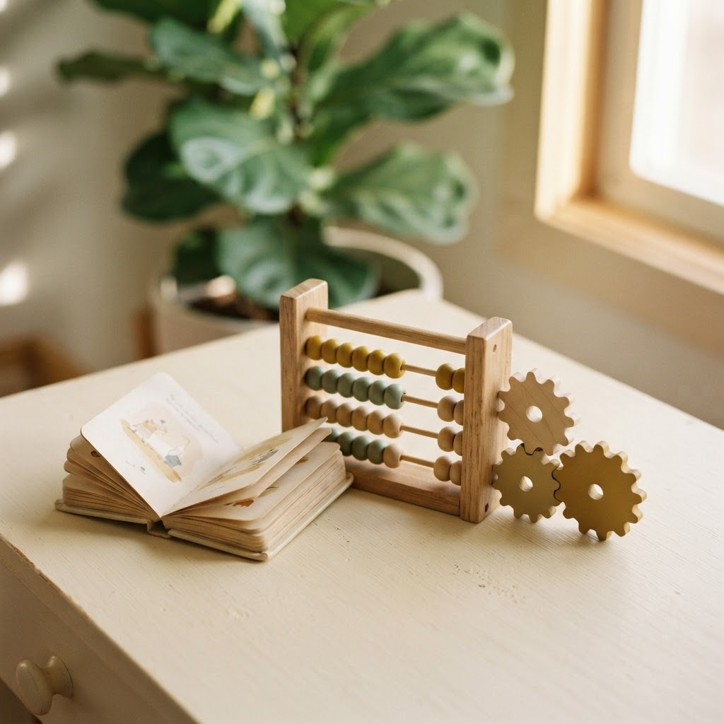 An open storybook, a colourful wooden abacus and interlocking wooden gears on a desk, symbolising how reading, numbers and thinking connect in learning