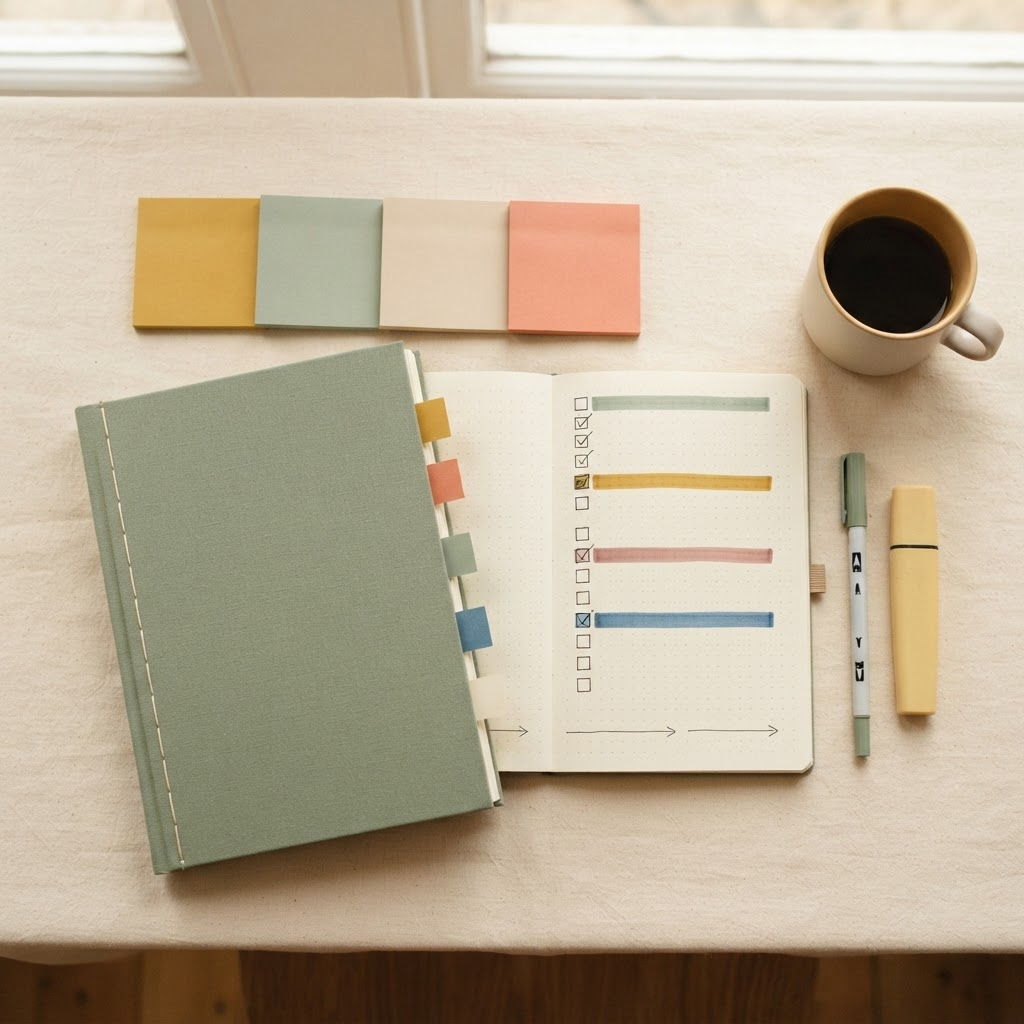 A sage-covered support plan with coloured page tabs open to a goals checklist with highlighted steps, sticky notes and a pen, representing recommendations and next steps