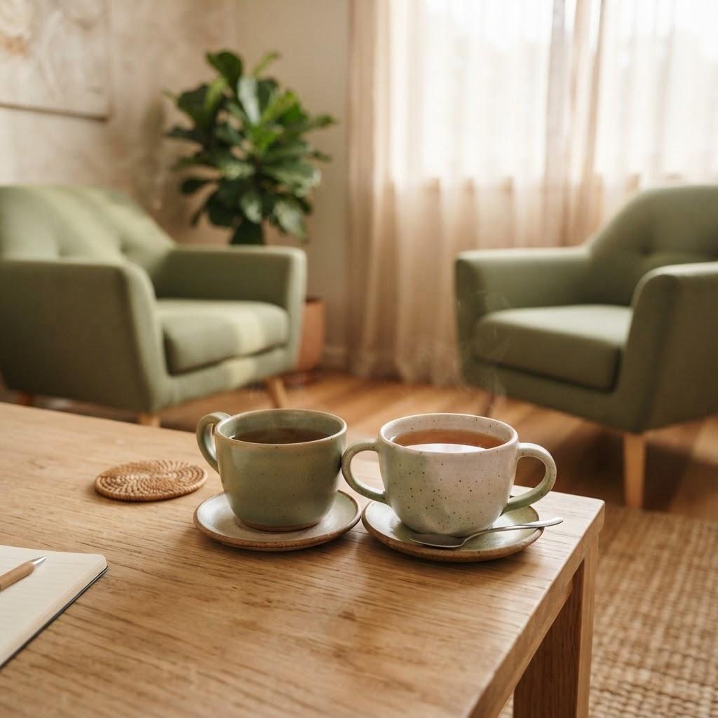 Two cups of tea side by side on a timber coffee table with two armchairs angled toward each other in a warm therapy room