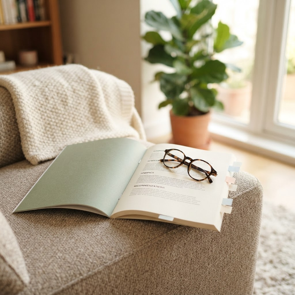 A bound assessment report booklet with page tabs open on a cosy armchair with a knitted throw and reading glasses in warm natural light
