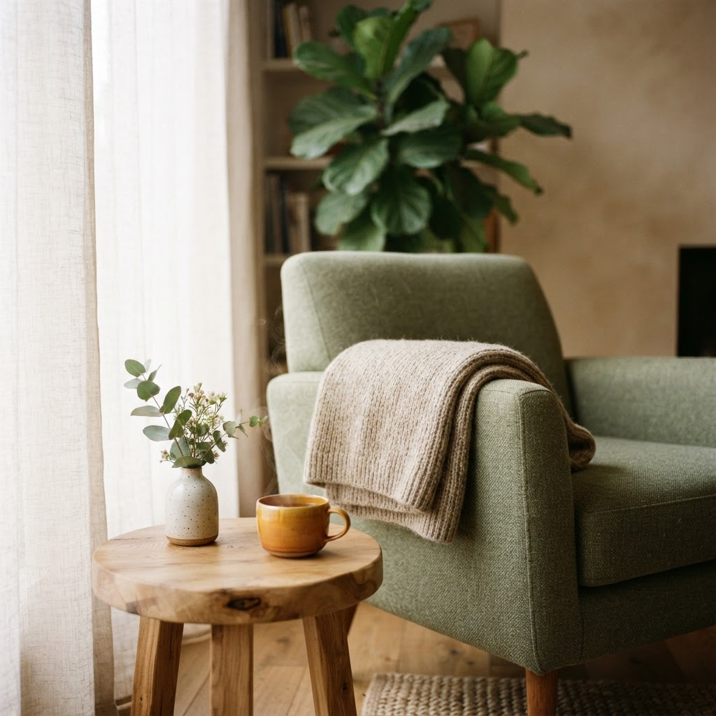 A soft knitted throw draped over a sage green armchair beside a timber table with herbal tea and eucalyptus, in warm natural light