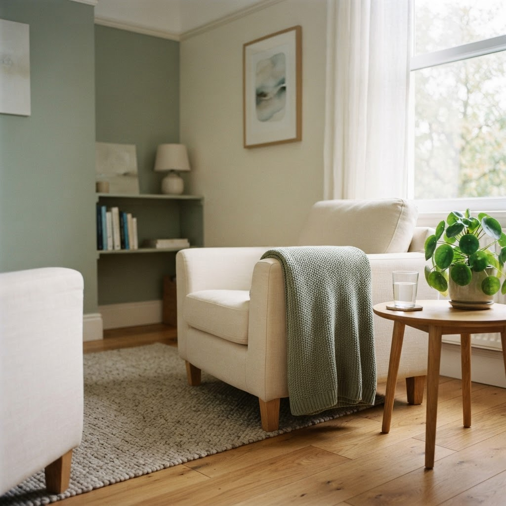 A calm, private consulting room with a soft armchair, throw blanket and green plant beside a bright window
