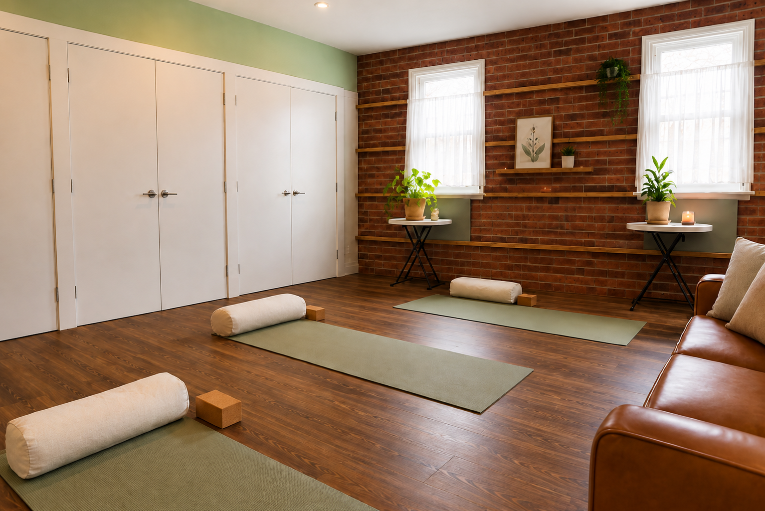 A gentle detail of a yoga mat with eucalyptus, a warm tea cup and a soft throw on a timber floor
